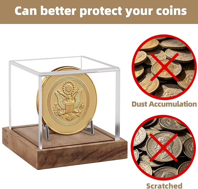 Clear Acrylic Coin Display Case with Wood Base & Alloy Holder, Memorabilia Stand Cube Holder, Dust Protection Transparent Storage Box for Single Challenge Coin Souvenir Coin Collections