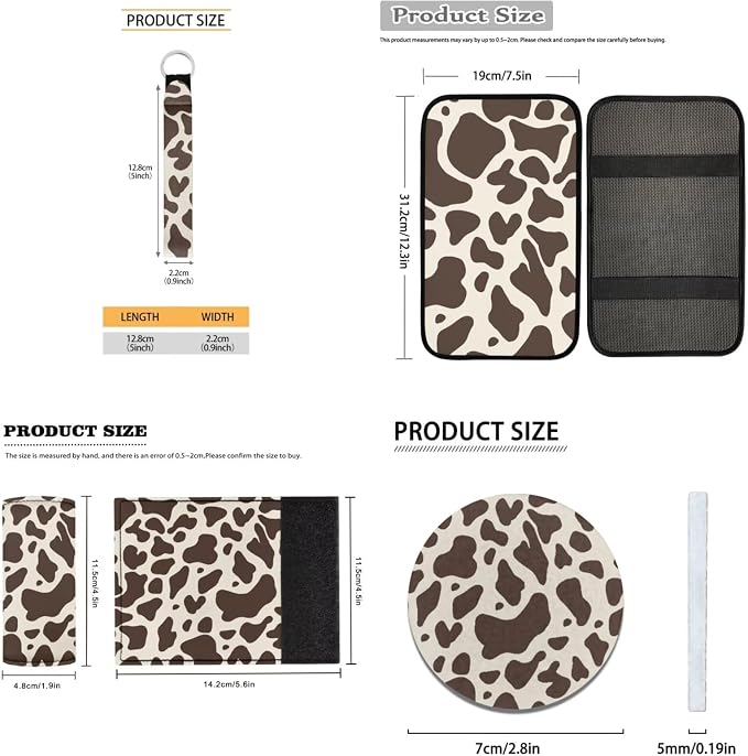 Brown Cow Print Car Seat Covers Car Floor Mats Steering Wheel Cover Armrest Pad Covers Seat Belt Pads Handle Wraps Cup Coaster Keychain Automotive Interior Accessories 18 Pcs Set