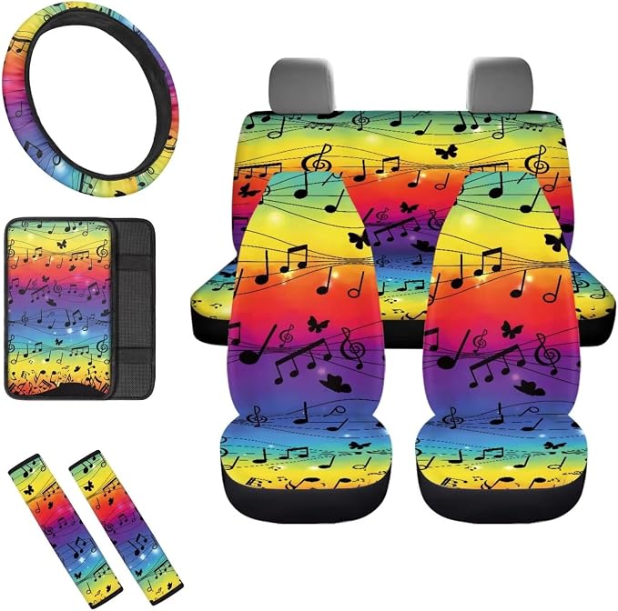 Mumeson 8 Pack Auto Accessories Set Music Note Car Seat Covers Full Set with Seat Belt Pads Shoulder Cushion + Steering Wheel Cover + Armrest Cushion for Car Universal Size Car Accessories