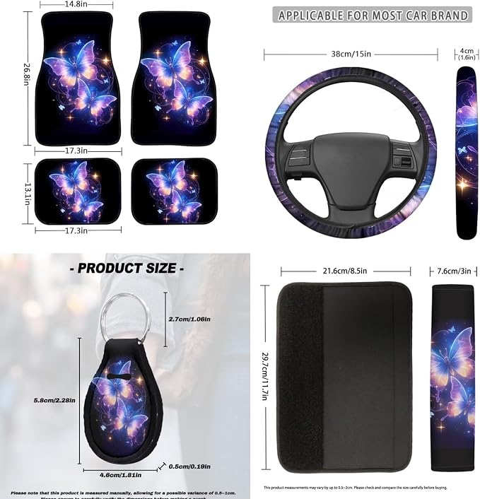 Colorful Butterfly Car Seat Covers Full Set for Women, Floor Mats Steering Wheel Cover Shoulder Pads Armrest Pad Cover Roof Gloves Cup Coaster Keychain, Car Interior Accessories Set of 18