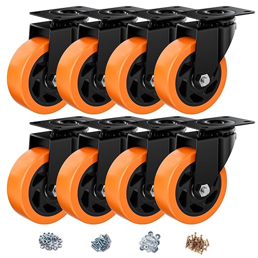 4" Swivel Plate Casters Set of 8 Heavy Duty 1200 lbs | Orange PU, Non-Marking, Quiet. 1200 Lbs/4 Casters. No Brake - Continuous Rolling. Black Rustproof Bracket. Workshop, Garage