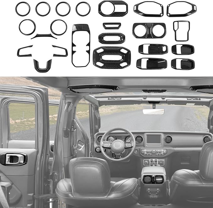 23PCS Full Set Interior Decor Trim Kits Fit for 2018-2023 Jeep Wrangler JL JLU & Gladiator JT 4Door Dashboard Cup Holder Headlight Switch Gear Shift Roof Speaker Map Light Inner Door Bowl Trim