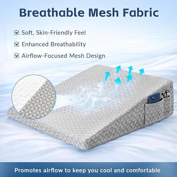 Wedge Pillow 7.5" Bed Wedge After Surgery, Back Pain Relief, Memory Foam Pillow Triangle Incline Wedge for Back Support, Leg Elevation（Light Grey）