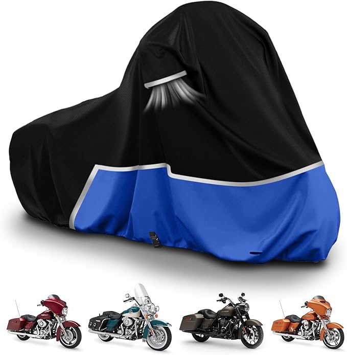 Waterproof Motorcycle Cover Compatible with Harley Davidson Electra Glide/Road King/Street Glide/CVO Road Touring Without Trunk Models, 420D Oxford Cloth Cover for Snow Rain Dust Protection
