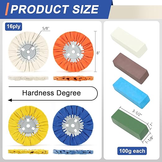 16ply Aluminum Buffing Wheels Kit 8pcs, 8in Airway Forged Wheels Buffing Polishing for 5/8" Arbor Angle Grinder, with Polishing Compound 4pcs, for Metal Rim Rig Aluminum Brass Rust Removal