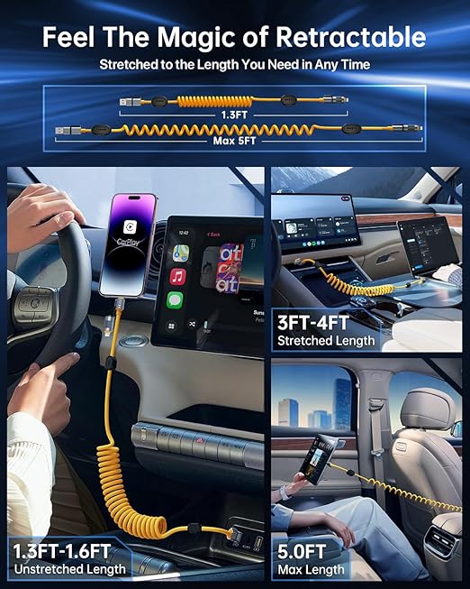 4-in-1 Coiled USB C Cable for Car 5FT [100W Fast Charging] Compatible with Lightning Cable [CarPlay & Android Auto] Multi Charger Cord Combo with L/Type C/USB A Ports for iPhone/iPad (Yellow)