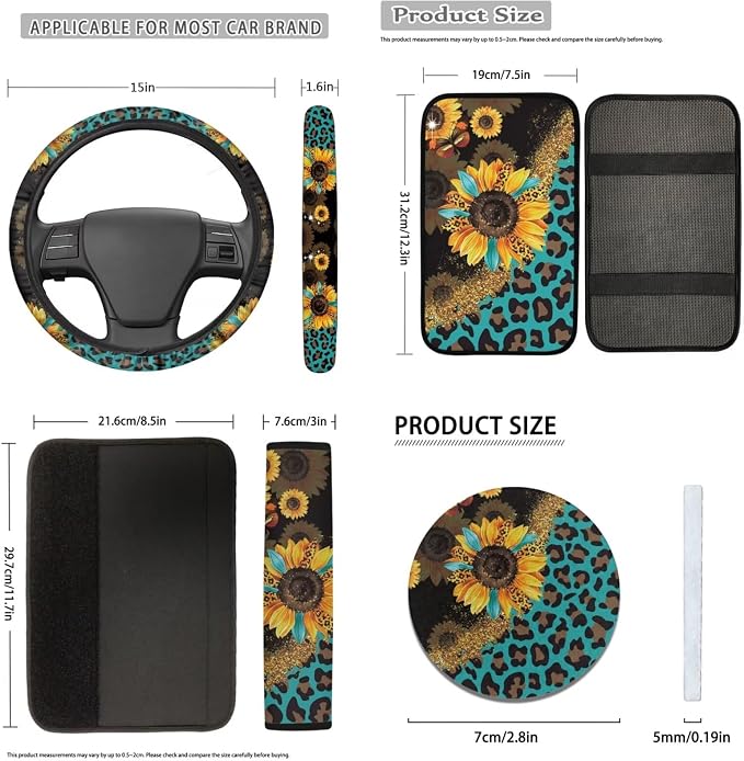 Leopard Sunflower Car Seat Covers for Women Men,Neoprene Car Steering Wheel Cover Seatbelt Pads Armrest Pads Keychain Leopard Car Interior Sets Leopard Car Coasters Decor Accessory