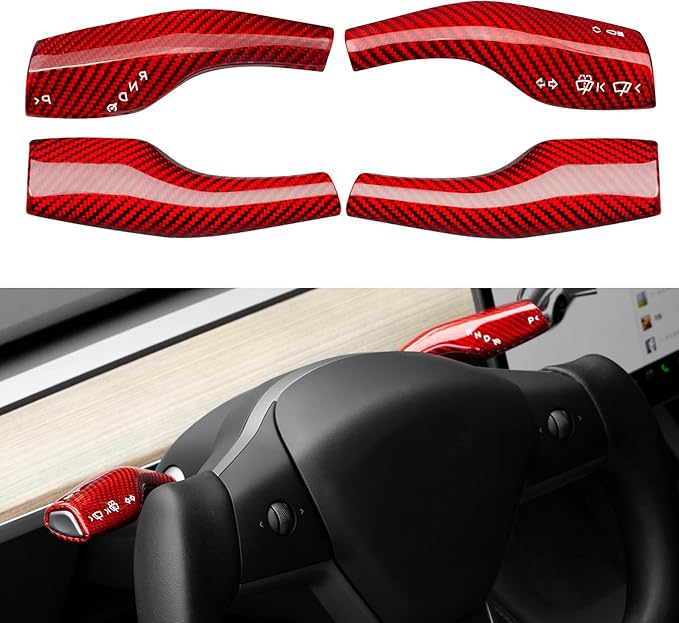 T-carbon Real Glass Fiber Steering Lever Cover Compatible with Tesla Model 3 Model Y 2017-2024, Gear Shift Paddle Cover Compatible with Model 3/Y Interior Accessories, Red