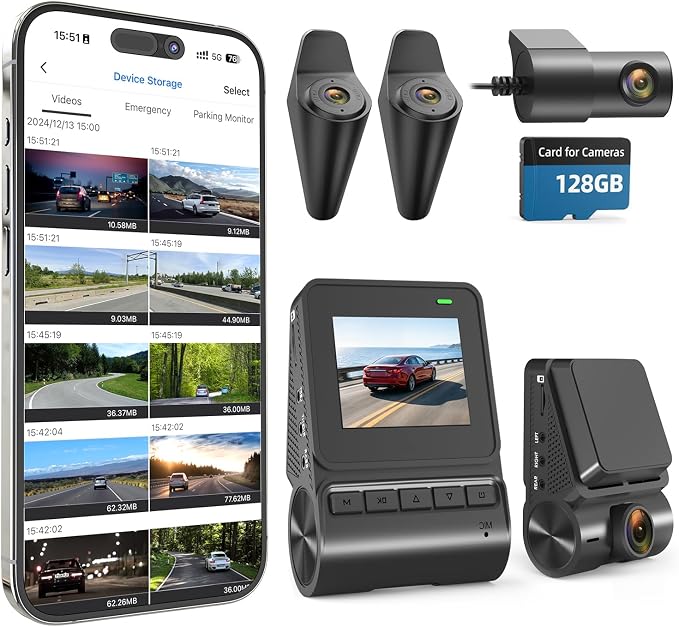 Innovative 360 View 4 Channel Dash Cam Front and Rear with External Side Cameras for Cars, GPS and 5G Band WiFi, Night Vision, 170 Wide Angle, 24H Parking Mode, Supercapacitor, Included 128GB Card