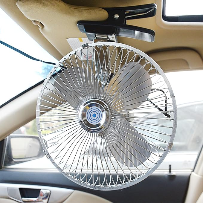 CYDZSW Car 12v Clip Fan,12 Volt DC 8 inch Large 360° Adjustment Metal Fans with Cigarette Lighter,90° Rotation Oscillating Clamp on Cooling Fan for Golf Cart,RV and Vehicles (8inch)