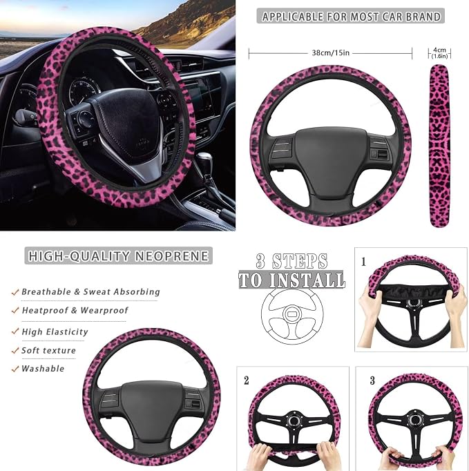 Howilath Universal Fit Pink Leopard Print Car Seat Cushion Cover with Steering Wheel Protector/Seat Belt Shoulder Pads/Keychains/Coasters Set of 13 Auto Accessories