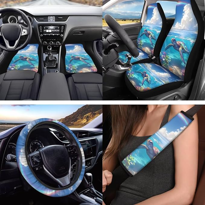Summer Turtle Design Car Interior Accessories Set of 18, Car Seat Covers Full Set with Floor Mats Steering Wheel Cover Shoulder Pads Armrest Pad Cover Roof Gloves Cup Coaster Keychain