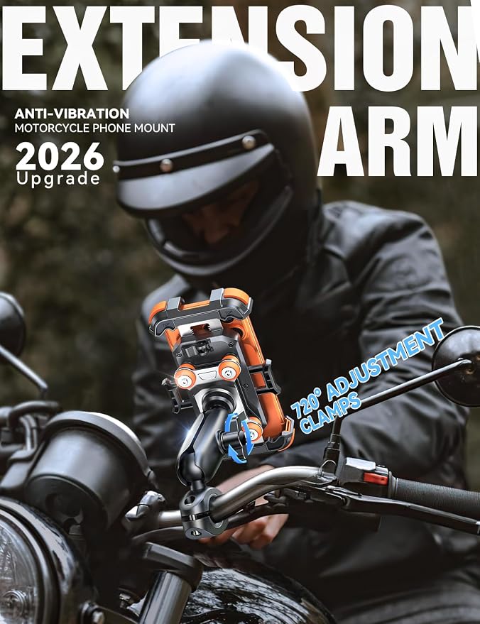JOYROOM Motorcycle Phone Mount Holder - [Dual Vibration Dampener] 100mph Anti-Shock Phone Holder for Motorcycle [Metal Adjustment Arm] Bicycle Bike Phone Holder Mount for 4.7-7" Cell Phones, Orange