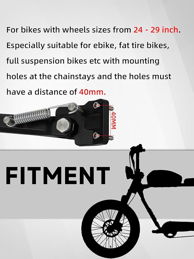 Kickstand for Ebike,CNC Aluminum Adjuster Side Kick Stand for 24-29 Inch Electric Mountain Bike Bicycle with 40mm Mount Hole - Black
