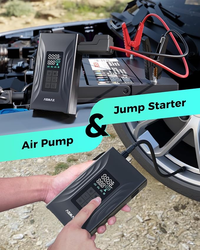 ASMAX T20 7-in-1 Portable Jump Starter with Air Compressor, 3000A Car Battery Booster with Smart Battery Clamps, 12V Jump Box for 9.0L Gas/6.5L Diesel Engines, 150PSI Auto-Shutoff Tire Inflator