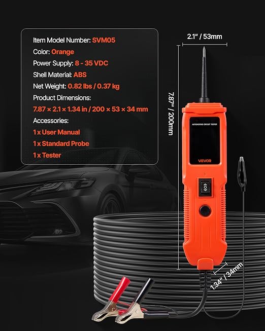 VEVOR Automotive Circuit Tester, 8-35 DCV Power Circuit Probe Tester with TFT Color Display and Lighting, Automotive Power Tester Probe with 13 ft / 4 m Cable, ABS Shell Electrical Detector Finder