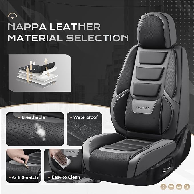 Coverado Car Seat Covers, Front Covers for Cars, Car Seat Cover Front Seats, Automotive Seat Cover, Waterproof, Leather Car Seat Cushion, Universal Interior Covers Seat Protectors for Most Cars Gray