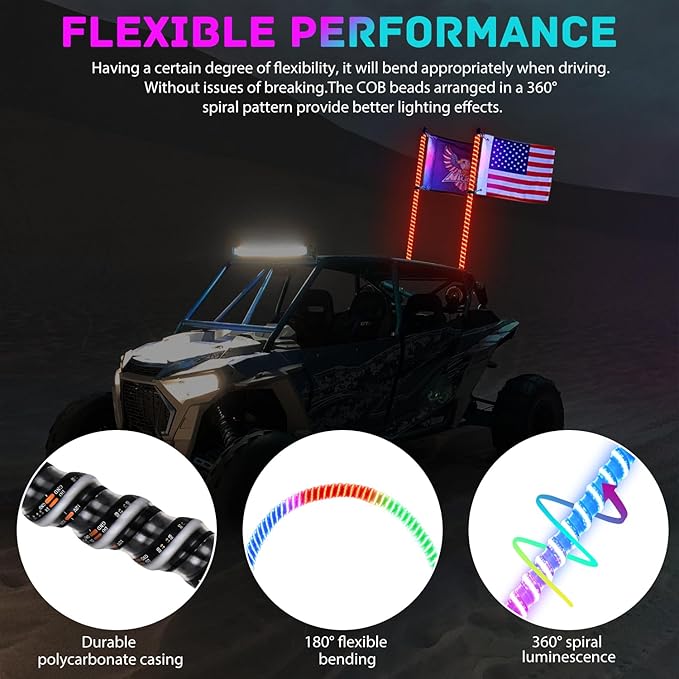 Nilight LED Whip Light 2 PCS 3FT COB RGB Lighted Antenna Whips with Spring Base Remote & App Control DIY Patterns Turn Brake Reverse Lights for Can-am Offroad ATV UTV RZR Polaris Dune Buggy Truck