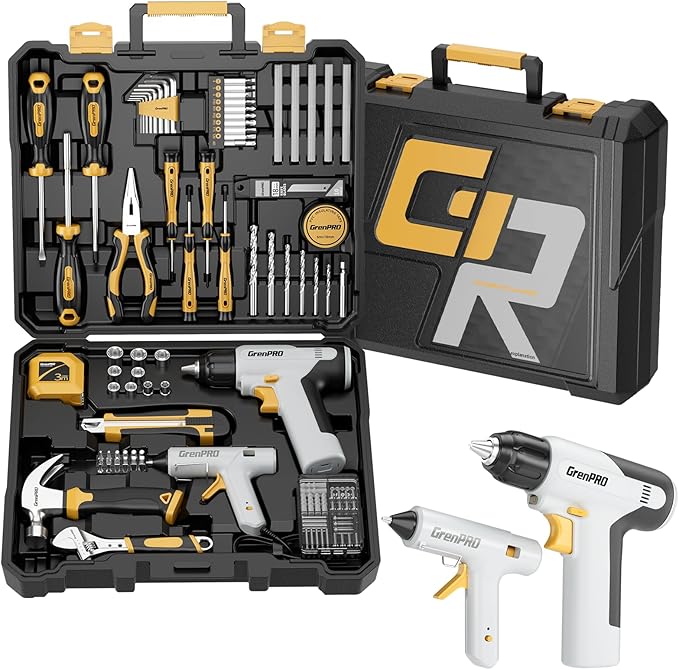 GRENPRO Tool Set Drill Set, 188PCS Tool Kit for Home with Cordless Drill Power, Hand Tool Kit for Women, Basic Household Auto Car Repair Tool Box for Men, Portable Plastic Storage Box Tools Sets