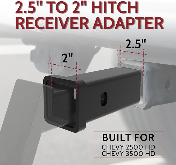 2.5 Inch to 2 Inch Hitch Reducer for Chevy Silverado GMC Sierra 2500 HD 3500 HD Accessories, Push in with Confidence Perfect Alignment Hitch Receiver Adapter