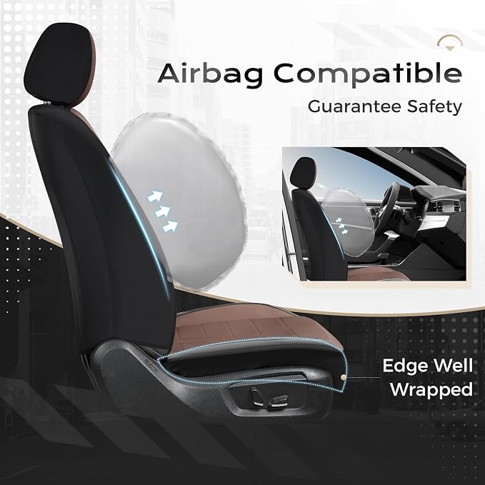 Coverado Front Seat Leather Covers, Full Leather Construction with Carbon Fibre Weave, Universal Fit for Most Cars SUV Trucks (Coffee)