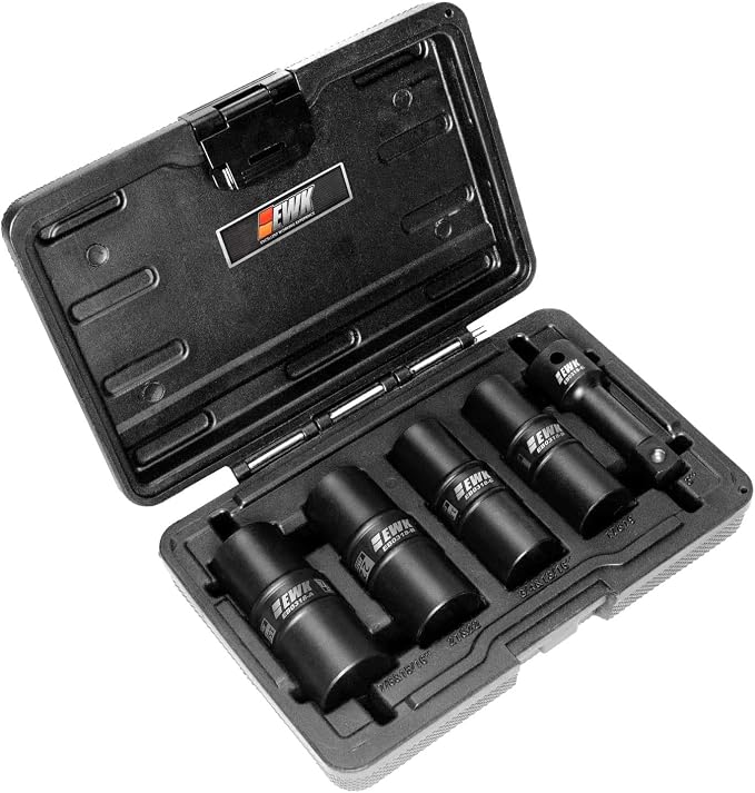 EWK 1/2 in Drive Thin Wall Flip Lug Nut Impact Socket Set, 8-in-4 Metric & SAE Flip Sockets 17mm 19mm 21mm 22mm 3/4", 13/16", 7/8", 15/16" with 3" Extension Bar for Wheel & Tire Service