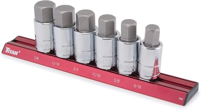 Titan 16130 6-Piece 1/2-Inch Drive SAE Hex Bit Socket Set, Magnetic Socket Organizer with Laser-Etched Size Markings