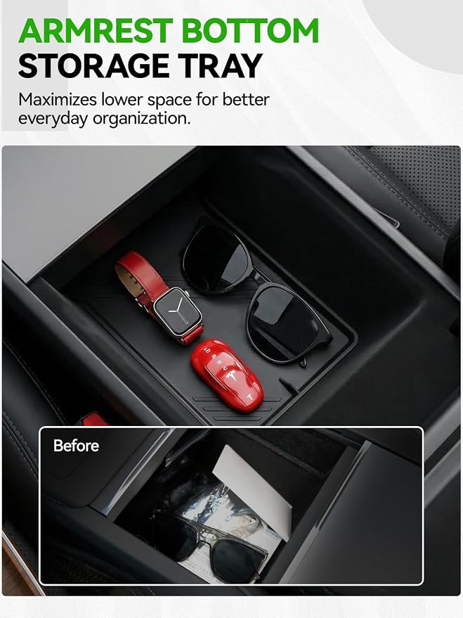 9PCS Center Console Organizer Tray for 2024 2025 2026Tesla Model 3 Accessories, Armrest Hidden Storage Box CupHolder Charger Pad for Tesla Model 3 Highland