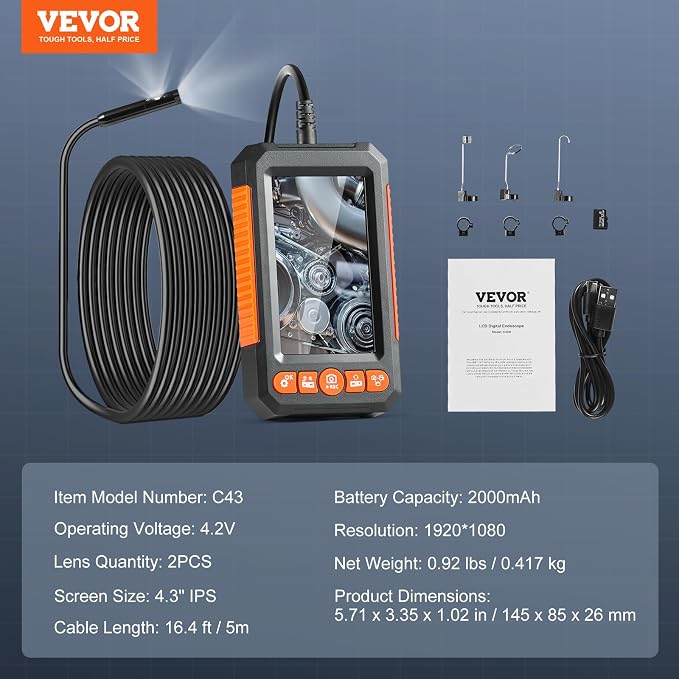 VEVOR Endoscope Camera with Light, Dual Lens Industrial Borescope, 4.3" Screen 1080P Inspection Camera, 8 + 1 Lights, 4X Zoom, IP67 Waterproof Snake Camera for Auto, Plumbing (16.4FT Cable, 32GB Card)
