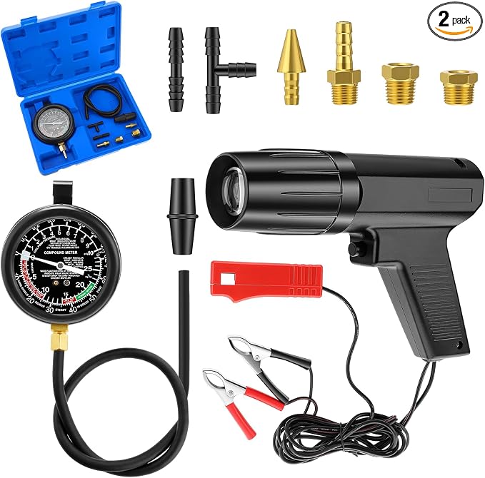 Sabary 12V Engine Timing Light with Spark Plug Tester Inductive Ignition Timing Light Gun and Vacuum and Fuel Pump Tester Gauge Leak Pressure Diagnostics Gauge for Car, Motorcycle, Marine