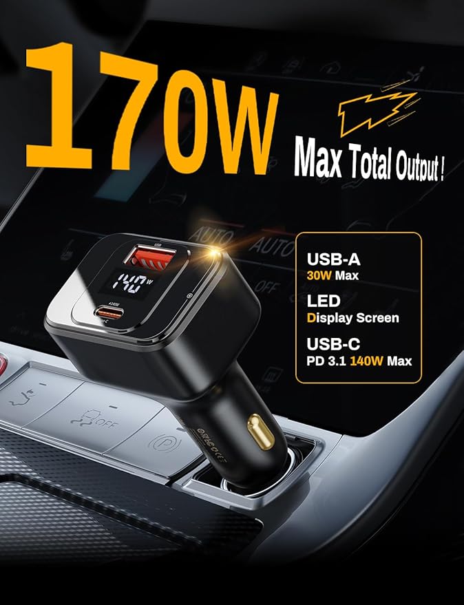 USB C Car Charger Fast Charging 170W, PD3.1 Single Type-C Port Max Output Power 140W Car Charger with Real-Time Display for MacBook, Laptop, iPhone 17/16/15, Samsung S25, Drone and More Black