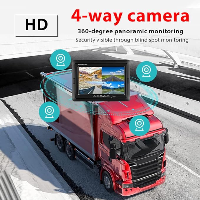 Hikity 7 Inch Vehicle Backup Camera Monitor only, Quad Split HD LCD Display Screen, Car Monitor for SUV Van RV Truck, V1/V2/V3/V4 Video Input, 9V/36V + Headrest Mounting Bracket & Dash Stand