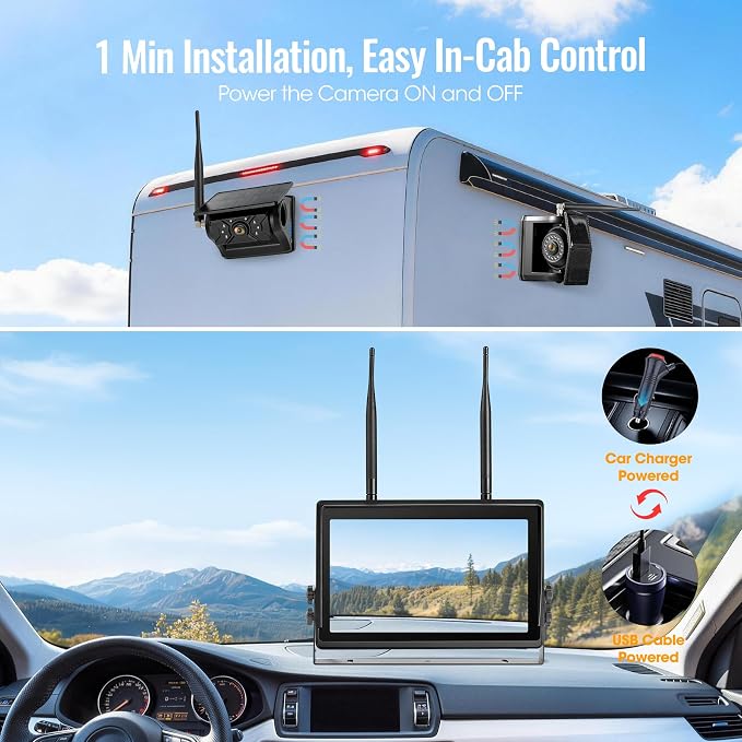 3 Solar Magnetic Wireless Camera System, 10.1" IPS DVR Touchscreen, 3x9600mAh Rechargeable Sideview + Rearview Cameras, IP69K Waterproof & IR Night Vision for Hitching Trailer Camper, AT3