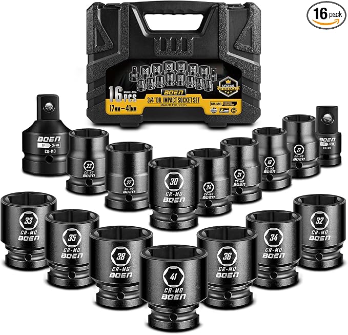 boen 3/4" Drive Metric Socket Set, 17mm - 41mm Large Impact Sockets, 6-Point CR-MO Steel, Rugged Construction,16PCS with a Storage Case, for Large Vehicle and Machinery Maintenance