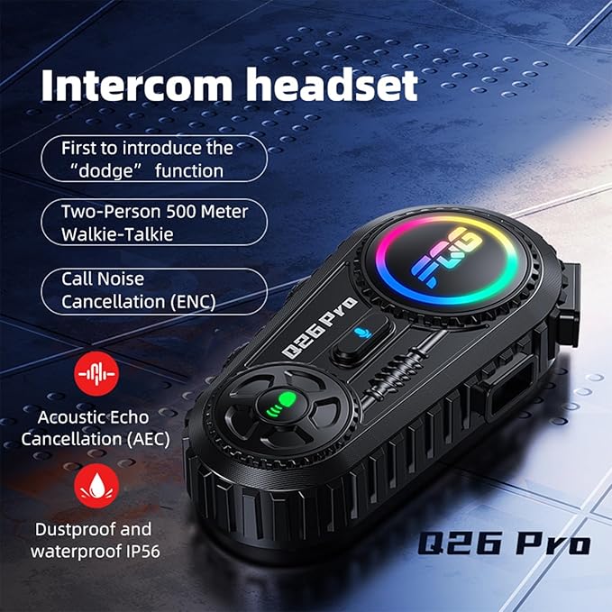 2 Pack Motorcycle Helmet Headset Bluetooth Intercom 2-Way Communication System, 1600FT Range, 18Hrs Talk Time, IP56 Waterproof, AI Voice Assistant, Detachable Design for Motorcycle Ski Snowmobile