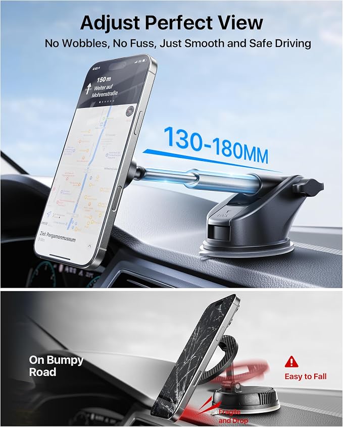 【Military-Grade】andobil 3 in1 Magnetic Phone Holder for Car Dashboard Windshield Vent 【Upgrade Suction & Strongest Magnet】Retractable for MagSafe Car Mount Mats for iPhone 17 16 15 14 Pro Max Sumsung