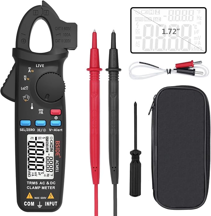 ACM91 Clamp Multimeter Digital AC DC Current Clamp Meter True RMS Auto Range 6000 Counts 100 amp Mini Meter With Temperature Capacitance NCV Measure LoZ Volts