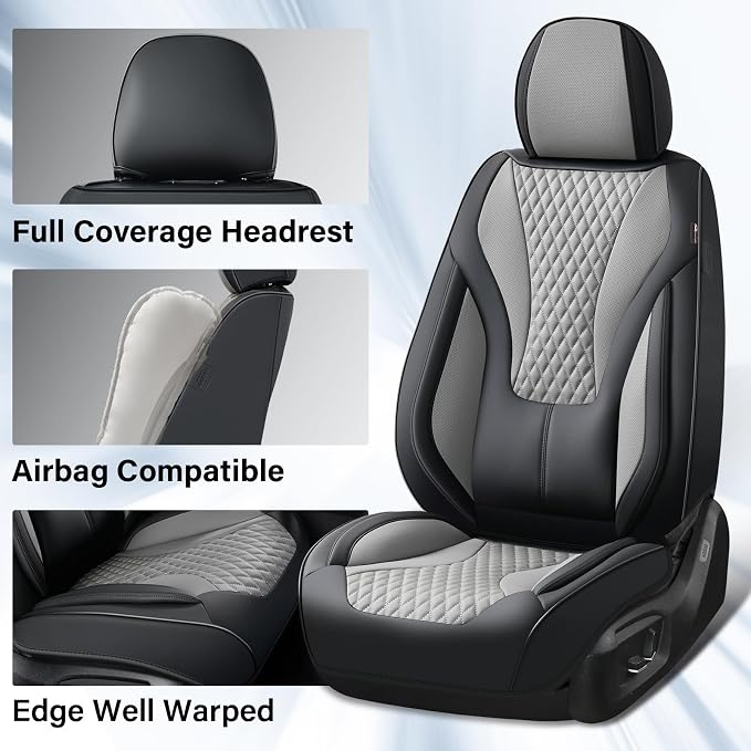 Coverado Waterproof Nappa Leather Car Seat Covers, Automotive Fullset Seat Covers, 5 Seat Car Seat Cushion & Protector, Black&Gray Front and Rear Covers Universal Fit for Most Cars, SUVs, Trucks