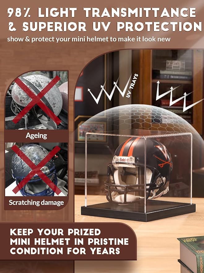 JupDec Mini Helmet Display Case, Acrylic Clear 1/2 Football Baseball Helmet Showcase, UV Protection Collectibles Box with Solid Wood Base & Riser, Ideal Gift for Sports Fans, Black,2 Pack