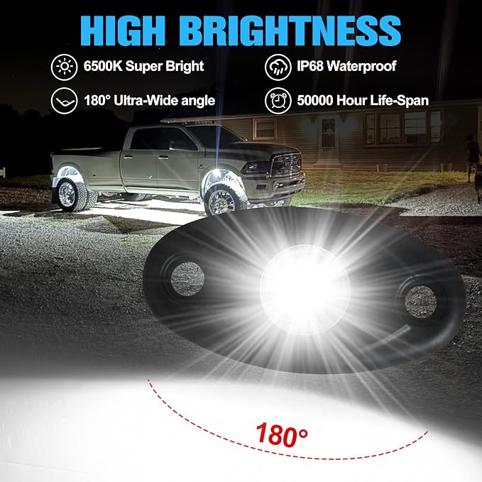 16pods Pure White Led Rock Lights 6000k Aluminum Alloy Super Bright IP68 Waterproof for Utv ATV SUV RZR Rv Trucks Pickup Car Boats Neon Underglow White Rock Lights with Switch Kit