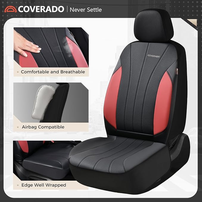 Coverado Car Seat Covers， 2 Front Seats Waterproof Nappa Leather Automotive Seat Protectors, Front Luxury Mesh Seat Covers, All-Weather Universal Fit for Most Cars SUVs, Trucks,Red&Black