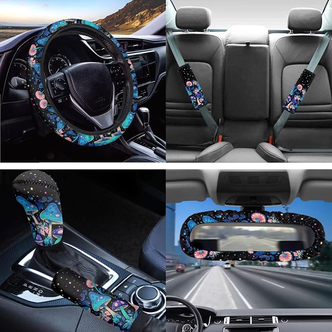 Hippie Mushroom Auto Seat Cover Set of 14,Mushroom Seat Covers for Front Rear Back Seats Protection+Butterfly Mushrooms Steering Wheel Cover+Seatbelt +Keychain+Interior Mirror Cover