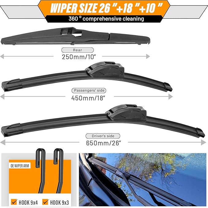 AUTOBOO 26"+18" Windshield Wipers Blades Replacement for Toyota Highlander 2020 2021 2022 2023 2024-2025 with 10 Inch Rear Wiper Blade -Original Factory Quality (Pack of 3)