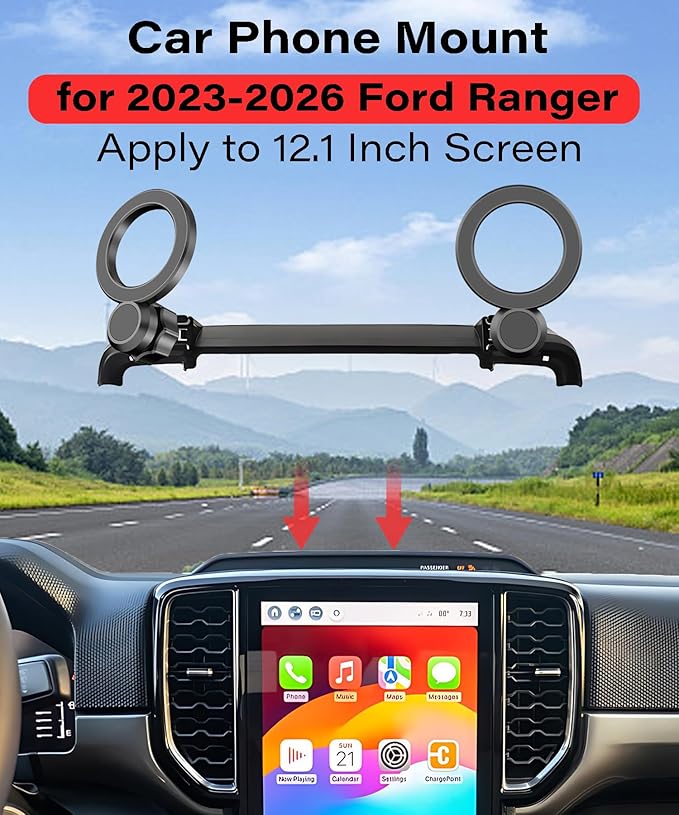 Magnetic Car Phone Mount for Ford Ranger 2023 2024 2025 2026 Accessories, for MagSafe Strong Magnets Cell Phone Holder 12.1-Inch Screen Cradles, with Portable Phone Gripper 360° Rotation
