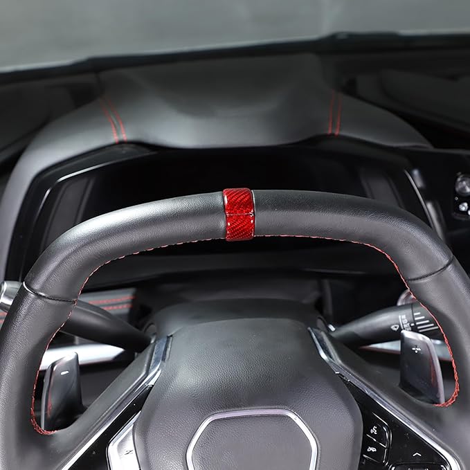 Daeiclru Real Carbon Fiber Steering Wheel Circle Cover Sticker Compatible with Chevrolet Corvette C8 Stingray 2020-2025, Steering Wheel Top Center Guide Decorative Accessories (Red)