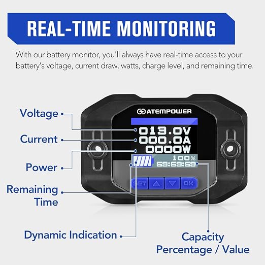 ATEM POWER 12V 200A Battery Monitor with Shunt Wire - Real-time Voltage, Current, Watt Monitor for 12V Lithium, Lead-Acid, AGM, Gel Batteries