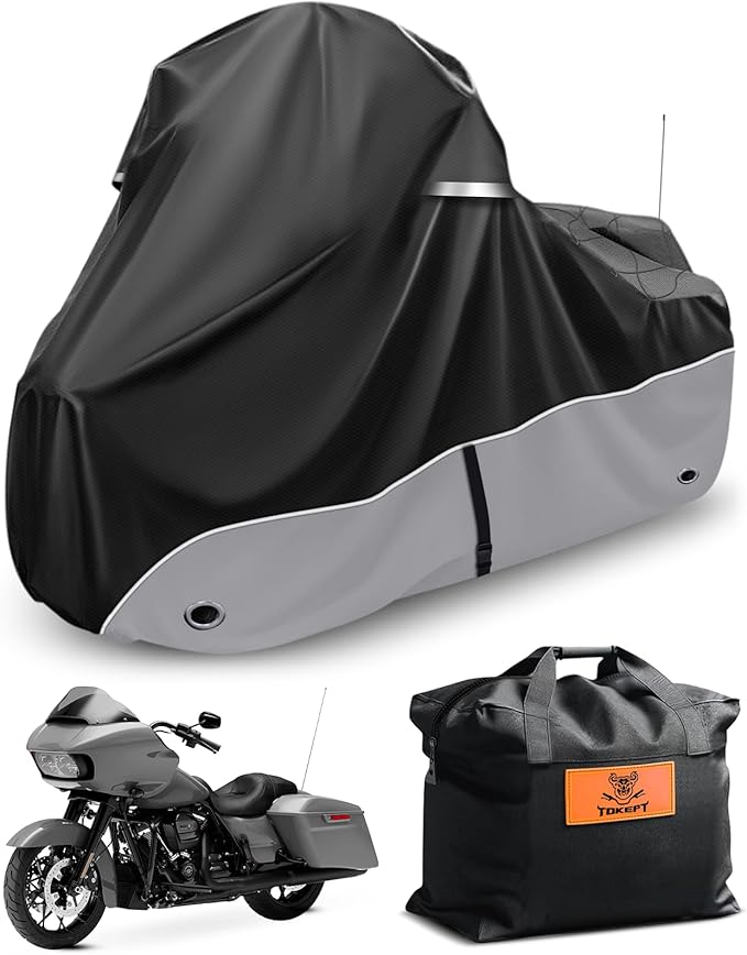 Motorcycle Cover, 107 Inch Touring Models Specific Vehicle Cover Storage Suitable for Road King, Road Glide, Street Glide, Electra Glide, Low Rider-ST and Most Motorcycles Grey