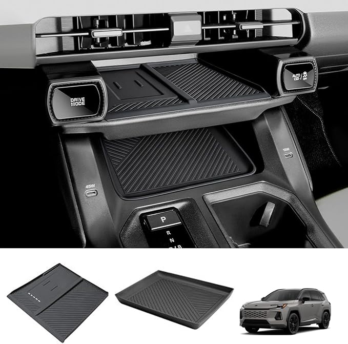2Pcs 2026 RAV 4 Center Console Organizer Tray &Wireless Charging Anti-Slip Compatible with Toyota 2026 RAV 4 XSE GR Sport Hybrid Limited XLE Woodland 2026 RAV4 Interior Accessories Silicone