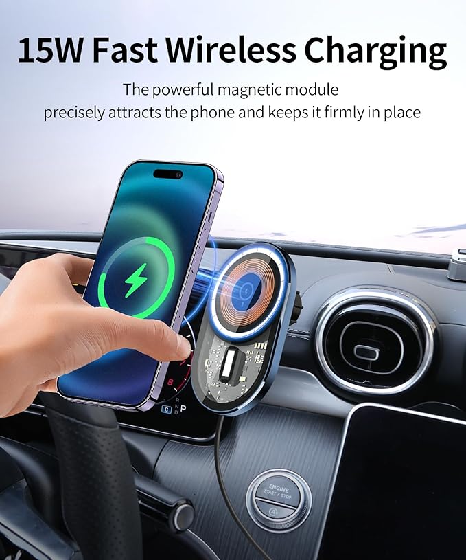 Wireless Charging Car Phone Holder for Mercedes Benz GLC-Class 2023-2026 / C-Class 2022-2026, 12.3" Screen Fixed Clip, 360° Rotation Car Phone Mount Compatible with MagSafe