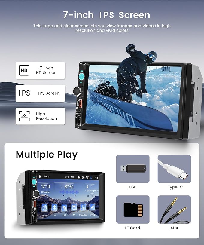 7 Inch Double Din Car Stereo, Wireless CarPlay Android Auto, 2 Din Touch Screen Radio, Bluetooth Stereo, AHD Backup Camera, Mirror Link, FM EQ SWC, Type-C USB Fast Charging, Video Playback